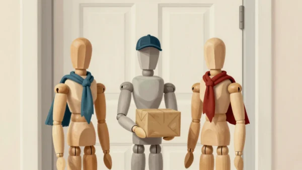 A confused wooden mannequin mail carrier holding a parcel between two look-alike mannequins in different scarves