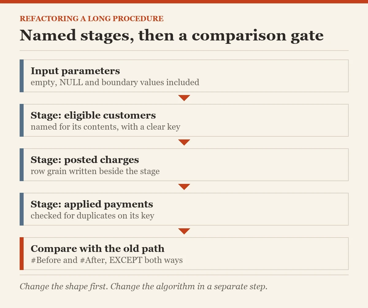 Named stages, then a comparison gate: a diagram about the refactoring a long stored procedure