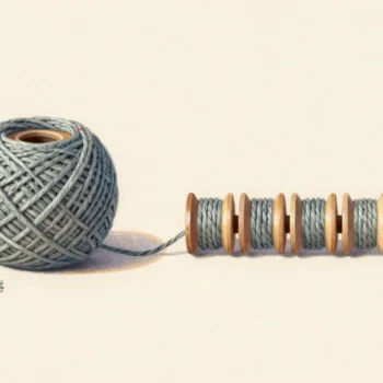 A tangled ball of twine beside the same twine wound neatly onto five spools