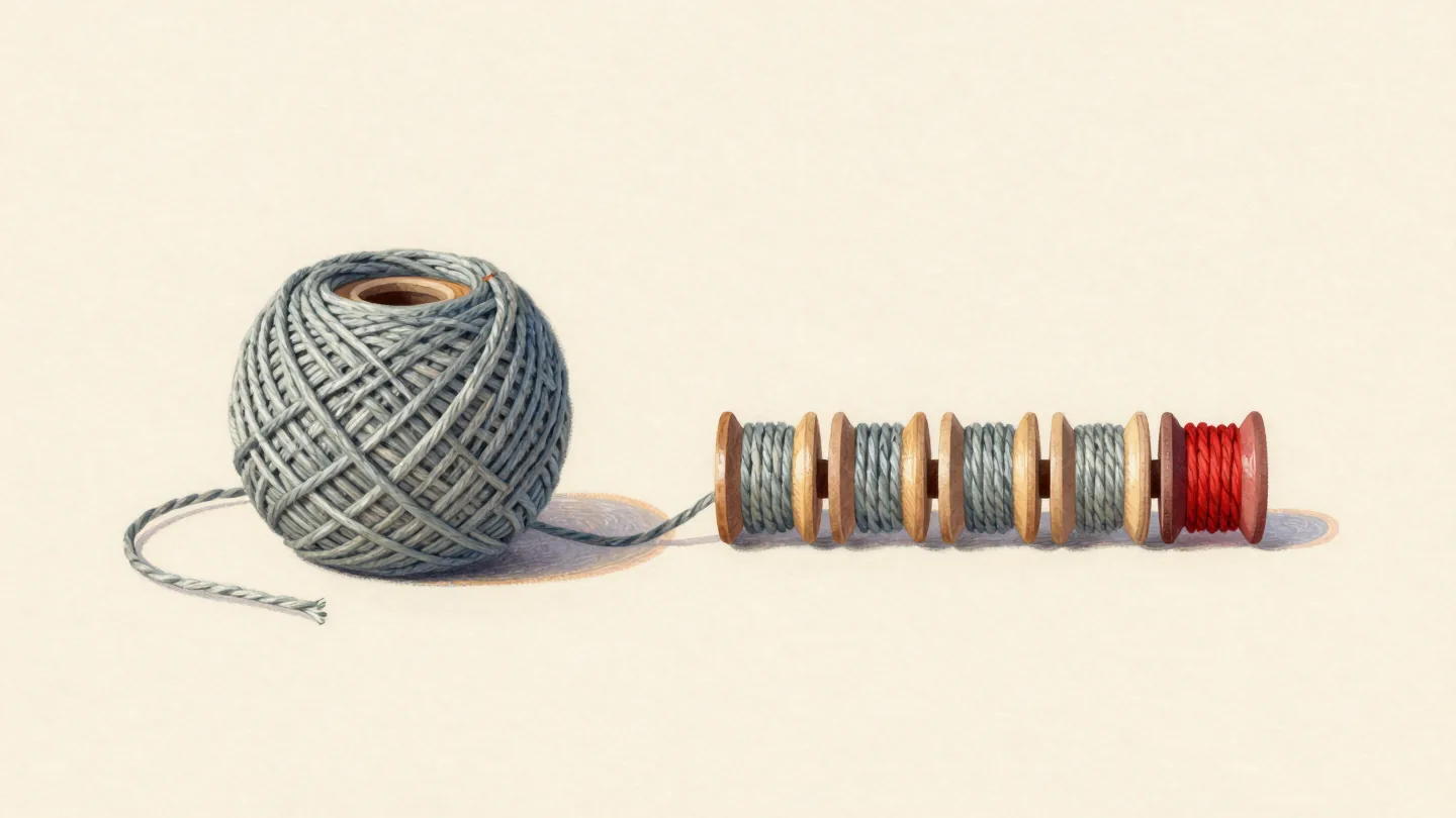 A tangled ball of twine beside the same twine wound neatly onto five spools