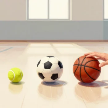 Three different balls on a gym floor, a hand choosing one