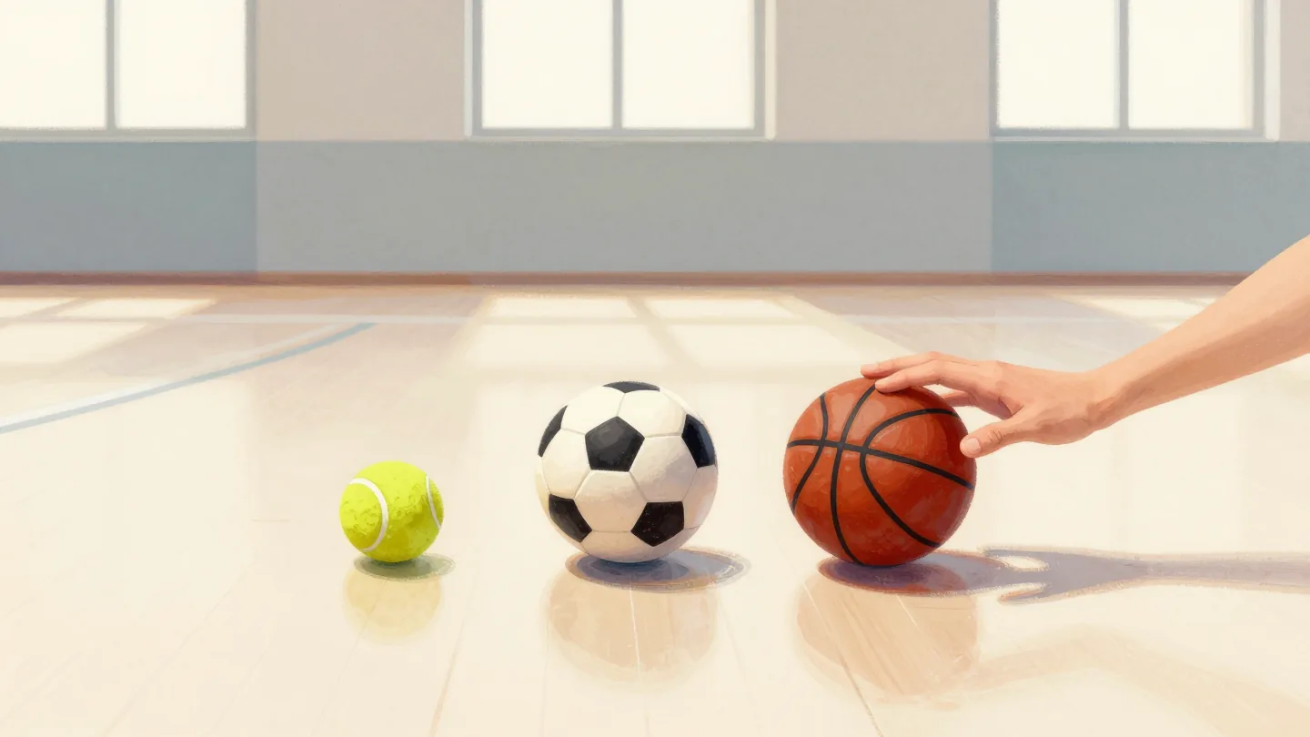 Three different balls on a gym floor, a hand choosing one