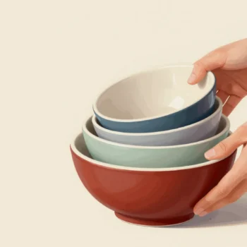 Two hands lift a stack of nested ceramic mixing bowls, the largest red bowl holding all the others.