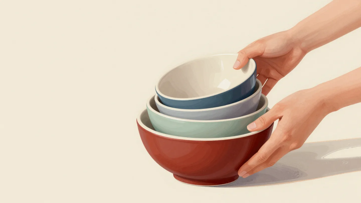 Two hands lift a stack of nested ceramic mixing bowls, the largest red bowl holding all the others.