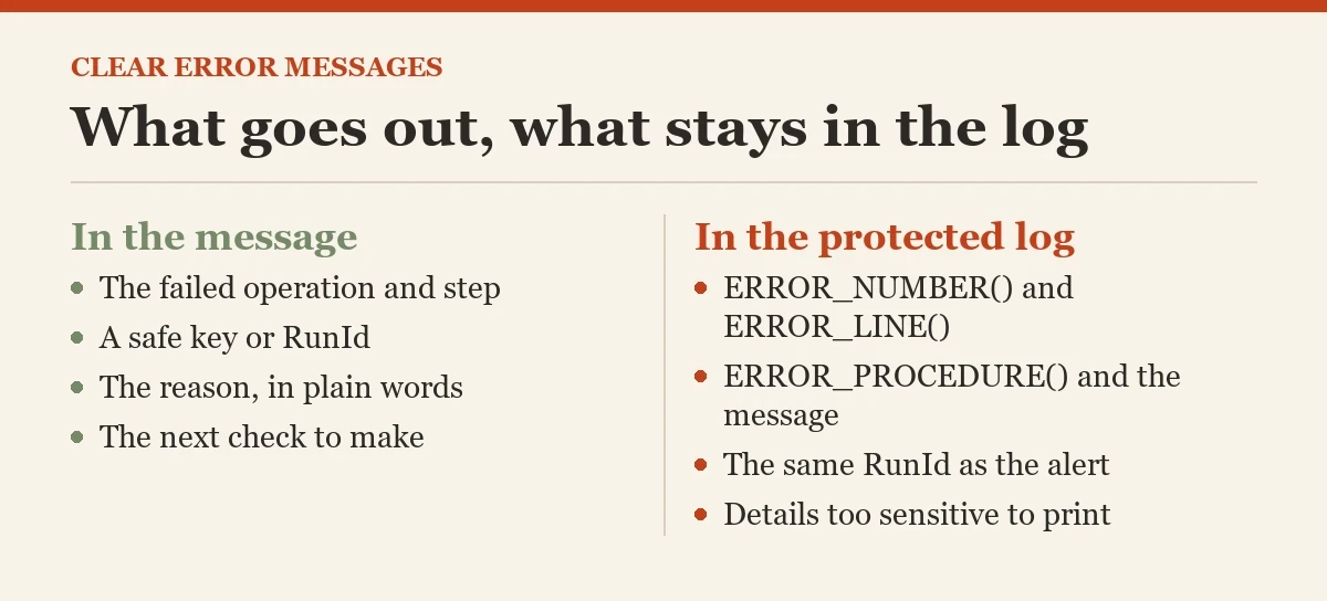 What goes out, what stays in the log: a diagram about the clear error messages