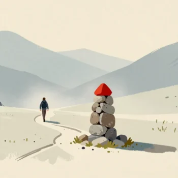 A stone cairn at a fork in a misty mountain path, its vermilion top stone pointing the way, a distant hiker on that trail.