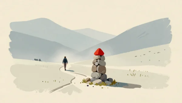 A stone cairn at a fork in a misty mountain path, its vermilion top stone pointing the way, a distant hiker on that trail.