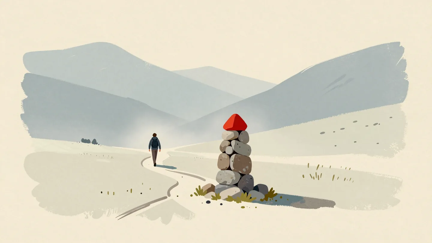 A stone cairn at a fork in a misty mountain path, its vermilion top stone pointing the way, a distant hiker on that trail.