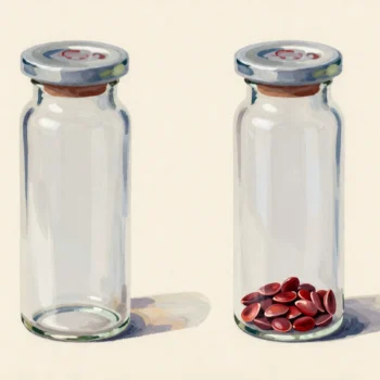 Two glass jars stand side by side, one empty and one holding red seeds.
