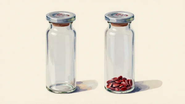 Two glass jars stand side by side, one empty and one holding red seeds.
