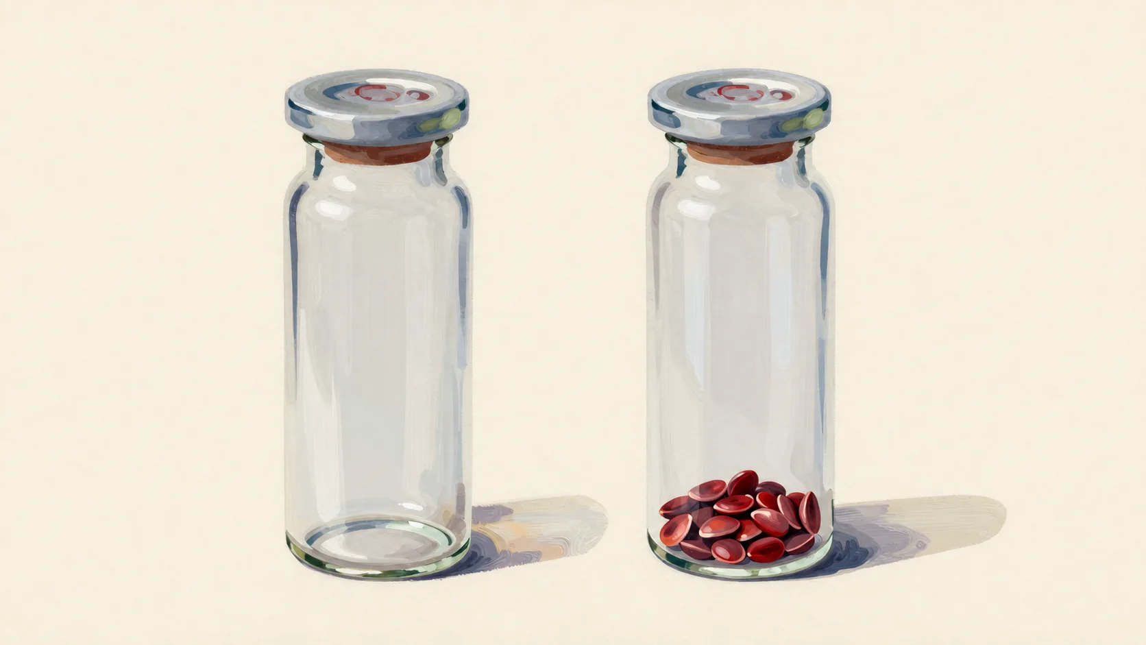 Two glass jars stand side by side, one empty and one holding red seeds.