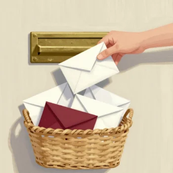 Envelopes dropping through a letter slot into a large basket