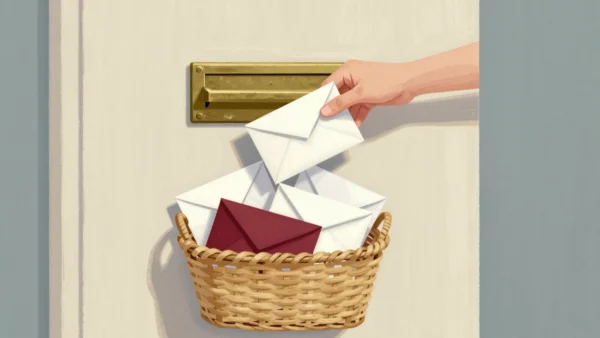 Envelopes dropping through a letter slot into a large basket