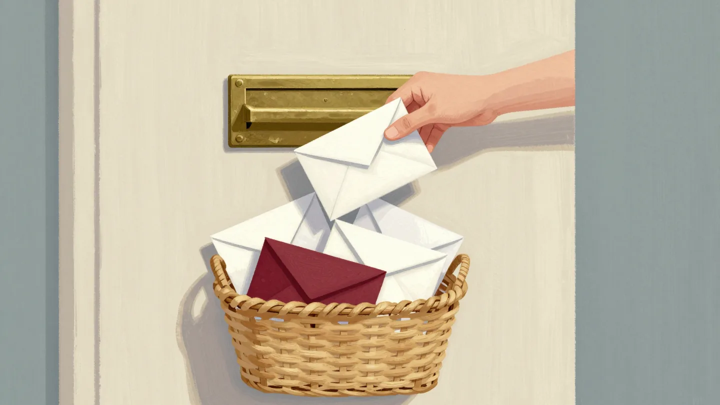 Envelopes dropping through a letter slot into a large basket