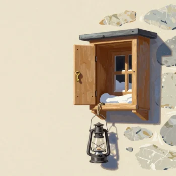 An open key cabinet on the stone wall of a mountain hut, a brass key on its hook above a coiled rope and lantern.