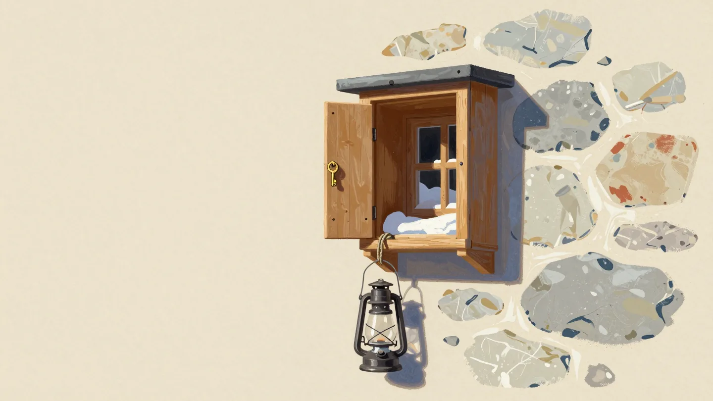 An open key cabinet on the stone wall of a mountain hut, a brass key on its hook above a coiled rope and lantern.