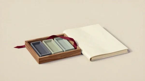 Three empty rectangular ceramic dishes in a wooden tray beside a blank cream folio and vermilion ribbon.