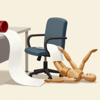 A wooden mannequin fallen off its chair laughing at a long paper printout