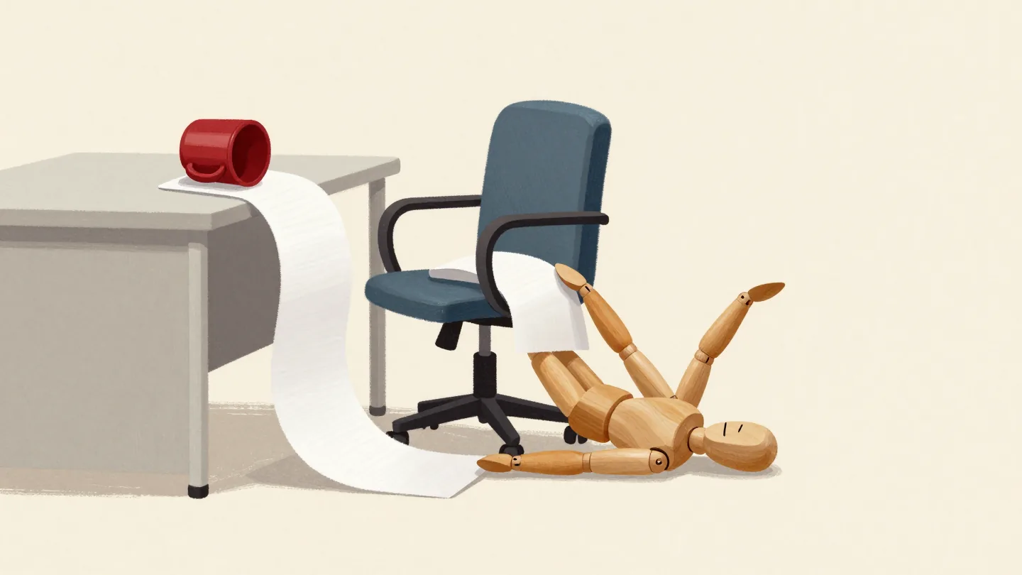 A wooden mannequin fallen off its chair laughing at a long paper printout