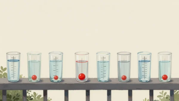 A row of rain gauges holding different amounts of water