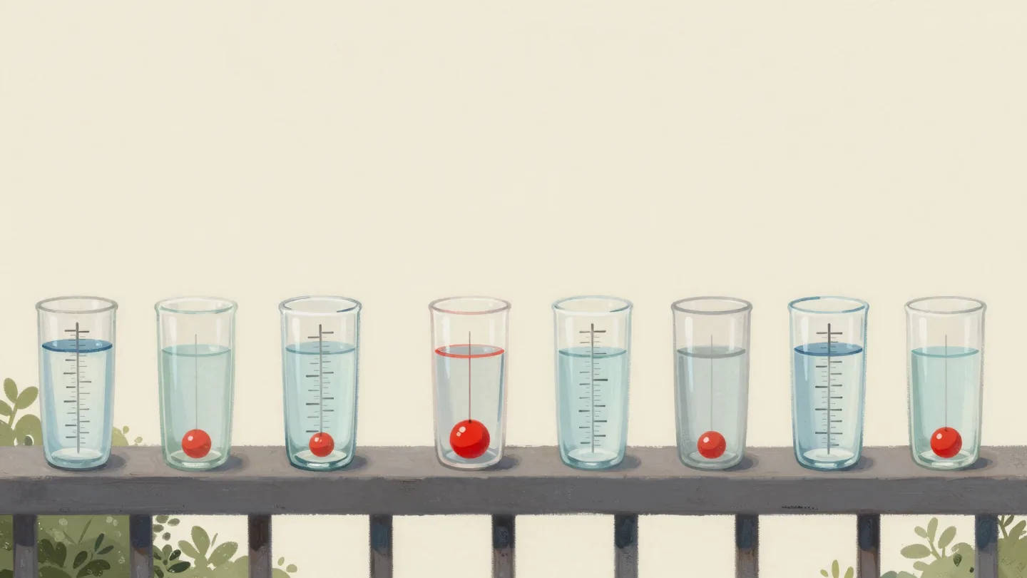 A row of rain gauges holding different amounts of water