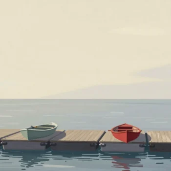 Gouache painting: a wooden jetty made of five floating pontoon sections lies on calm water in a row