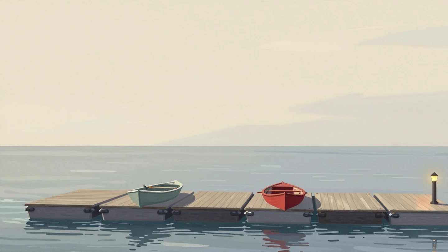 Gouache painting: a wooden jetty made of five floating pontoon sections lies on calm water in a row