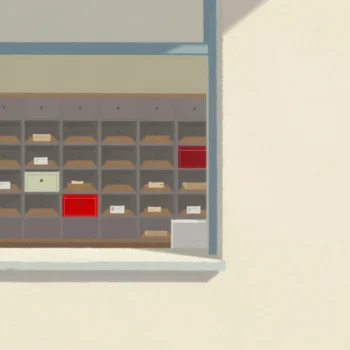 A narrow post office service window revealing only a few wooden pigeonholes of the sorting wall behind it.