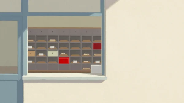 A narrow post office service window revealing only a few wooden pigeonholes of the sorting wall behind it.