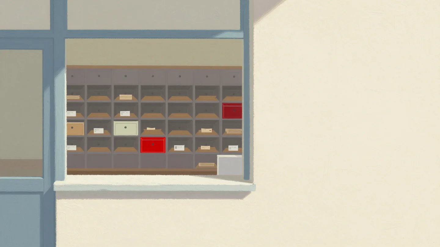A narrow post office service window revealing only a few wooden pigeonholes of the sorting wall behind it.