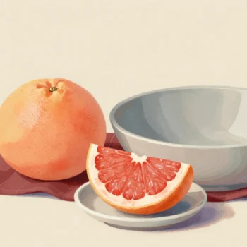 Gouache painting: on a market counter a pink grapefruit has had one thin wedge cut from it, and the wedge lies on a small saucer