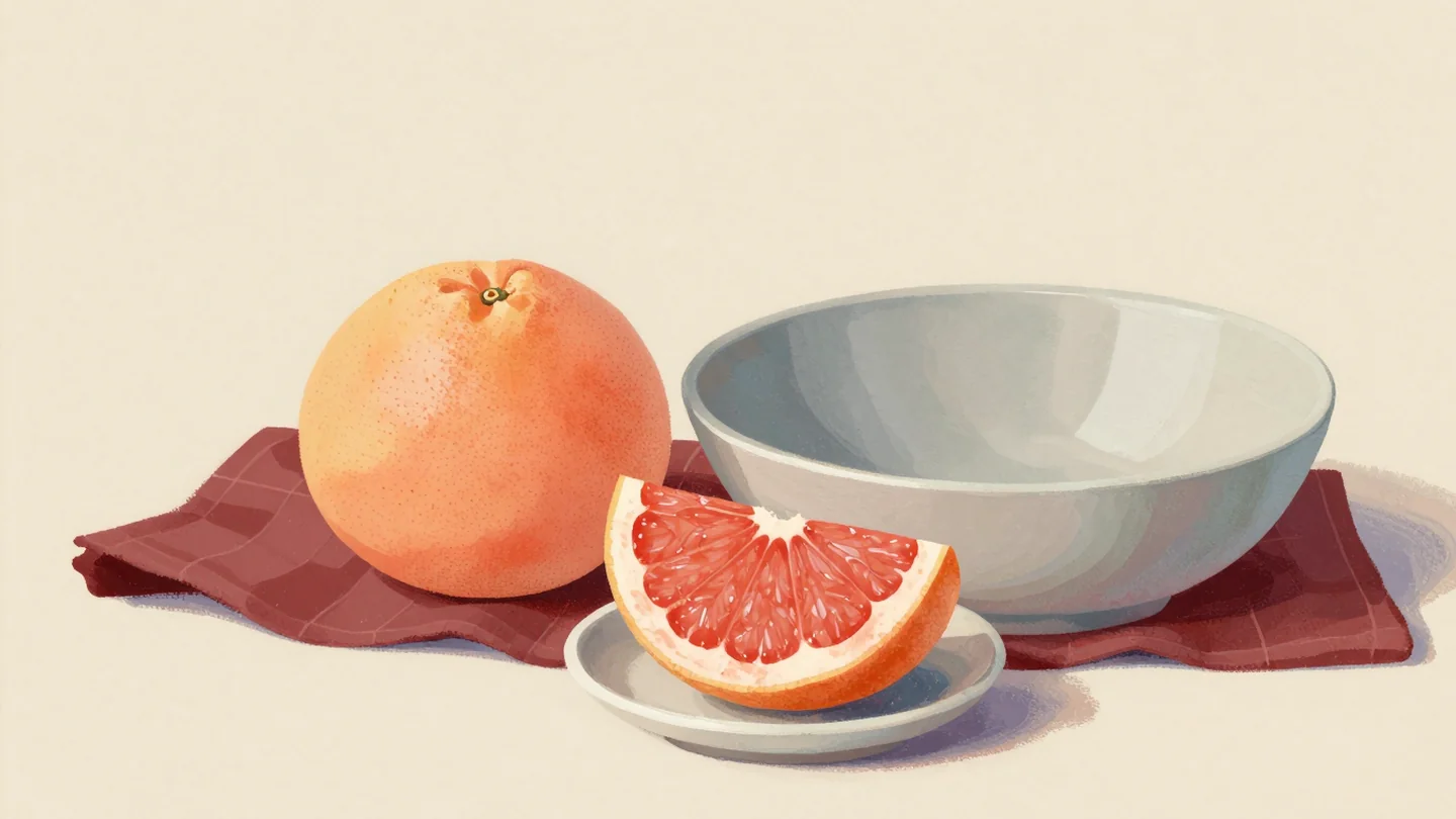 Gouache painting: on a market counter a pink grapefruit has had one thin wedge cut from it, and the wedge lies on a small saucer