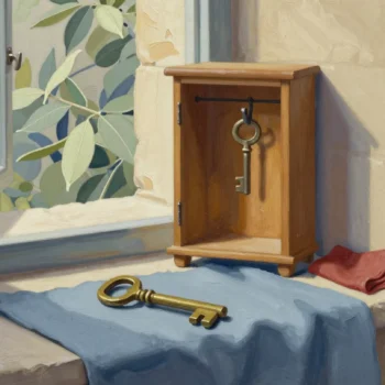 Two brass keys beside a small open wooden cabinet, one hanging inside and one resting on blue cloth.