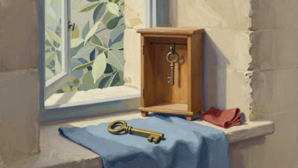 Two brass keys beside a small open wooden cabinet, one hanging inside and one resting on blue cloth.