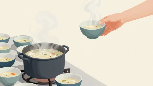 A pot of soup on a stove beside a counter of bowls already ladled, a hand choosing between them.