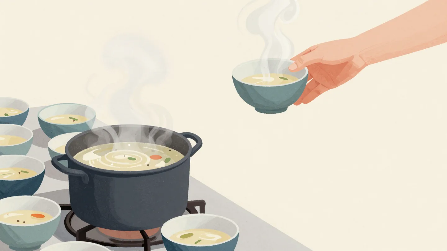A pot of soup on a stove beside a counter of bowls already ladled, a hand choosing between them.