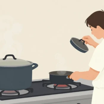 A cook seen from behind tastes from a small trial saucepan while a large covered pot waits beside it.