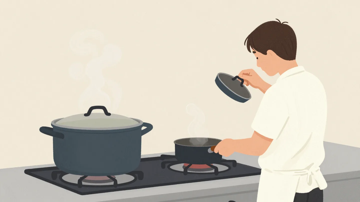A cook seen from behind tastes from a small trial saucepan while a large covered pot waits beside it.