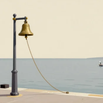 A brass bell on a harbor pier post with its rope swinging, gulls lifting off the railing, boats moored beyond.