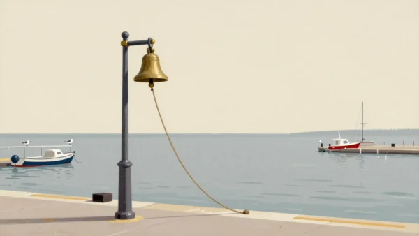 A brass bell on a harbor pier post with its rope swinging, gulls lifting off the railing, boats moored beyond.