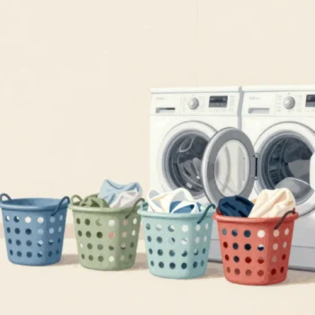 A shared laundry room with one washing machine and four full laundry baskets waiting in a line in front of it.