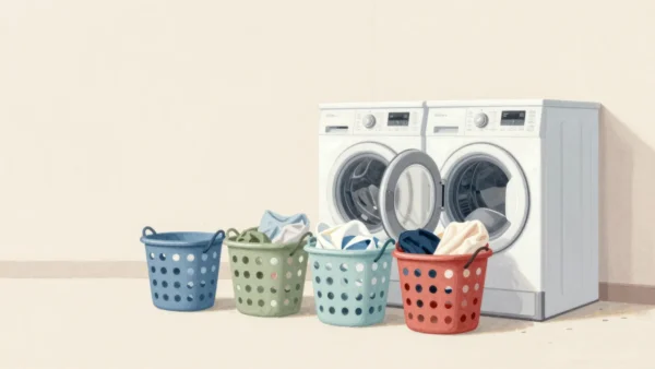 A shared laundry room with one washing machine and four full laundry baskets waiting in a line in front of it.