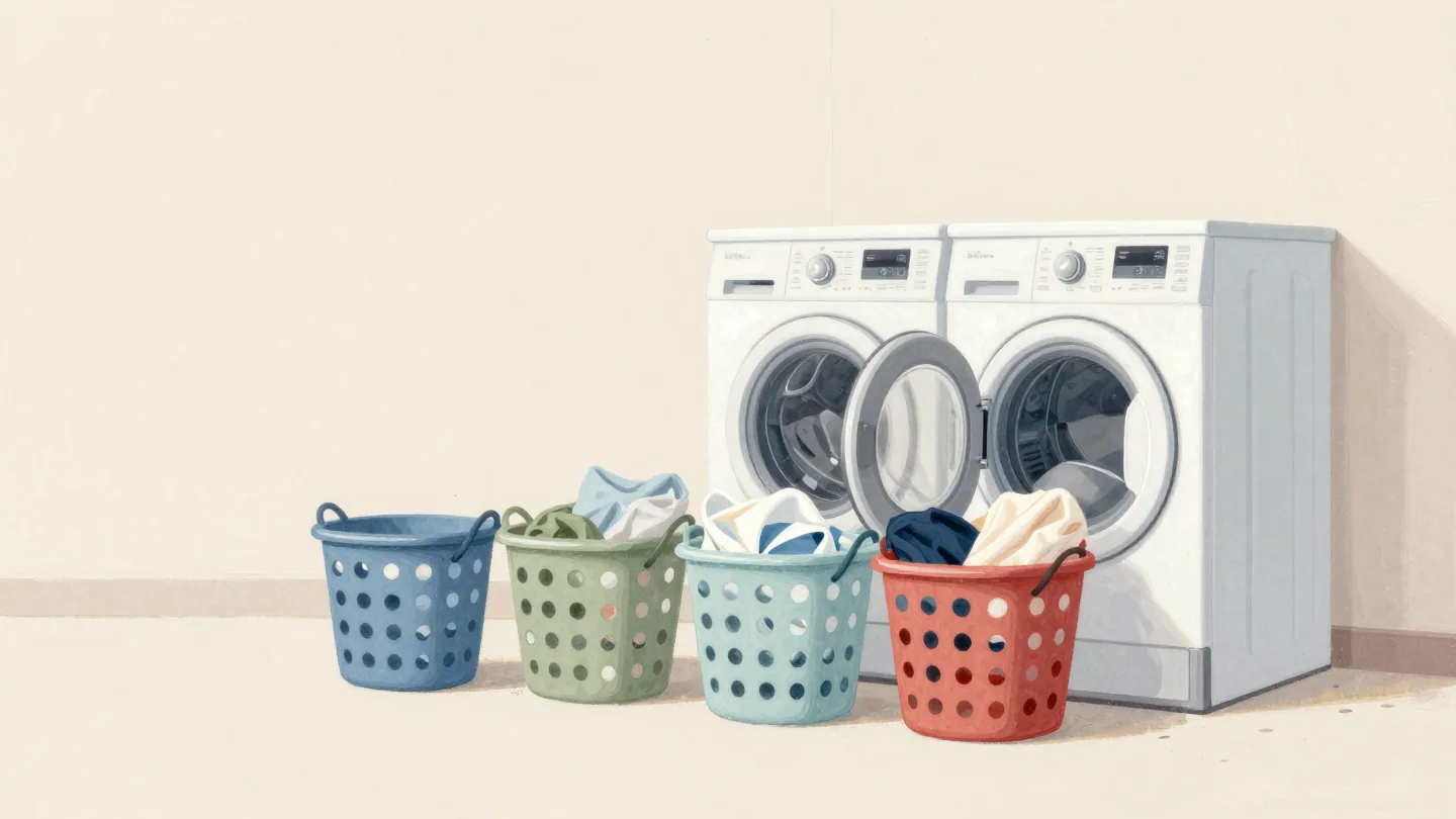 A shared laundry room with one washing machine and four full laundry baskets waiting in a line in front of it.