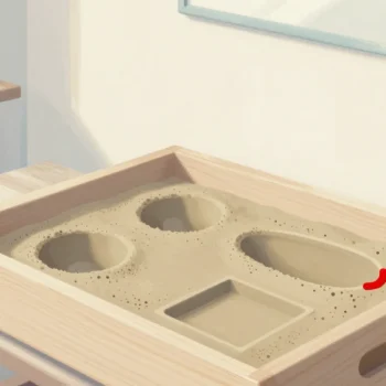 Gouache painting: in a foundry workshop, an open wooden casting flask holds pressed sand with three clean, differently shaped impressions: round, long oval and square