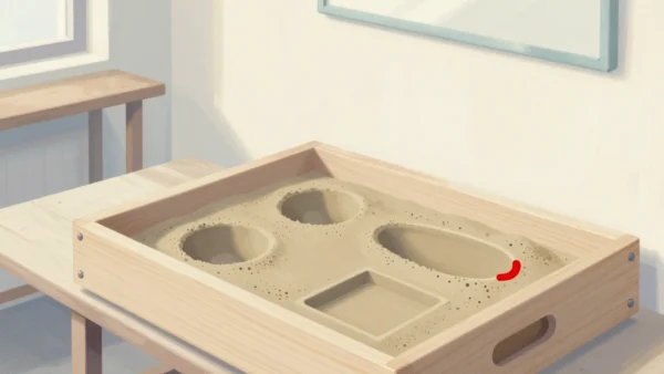 Gouache painting: in a foundry workshop, an open wooden casting flask holds pressed sand with three clean, differently shaped impressions: round, long oval and square