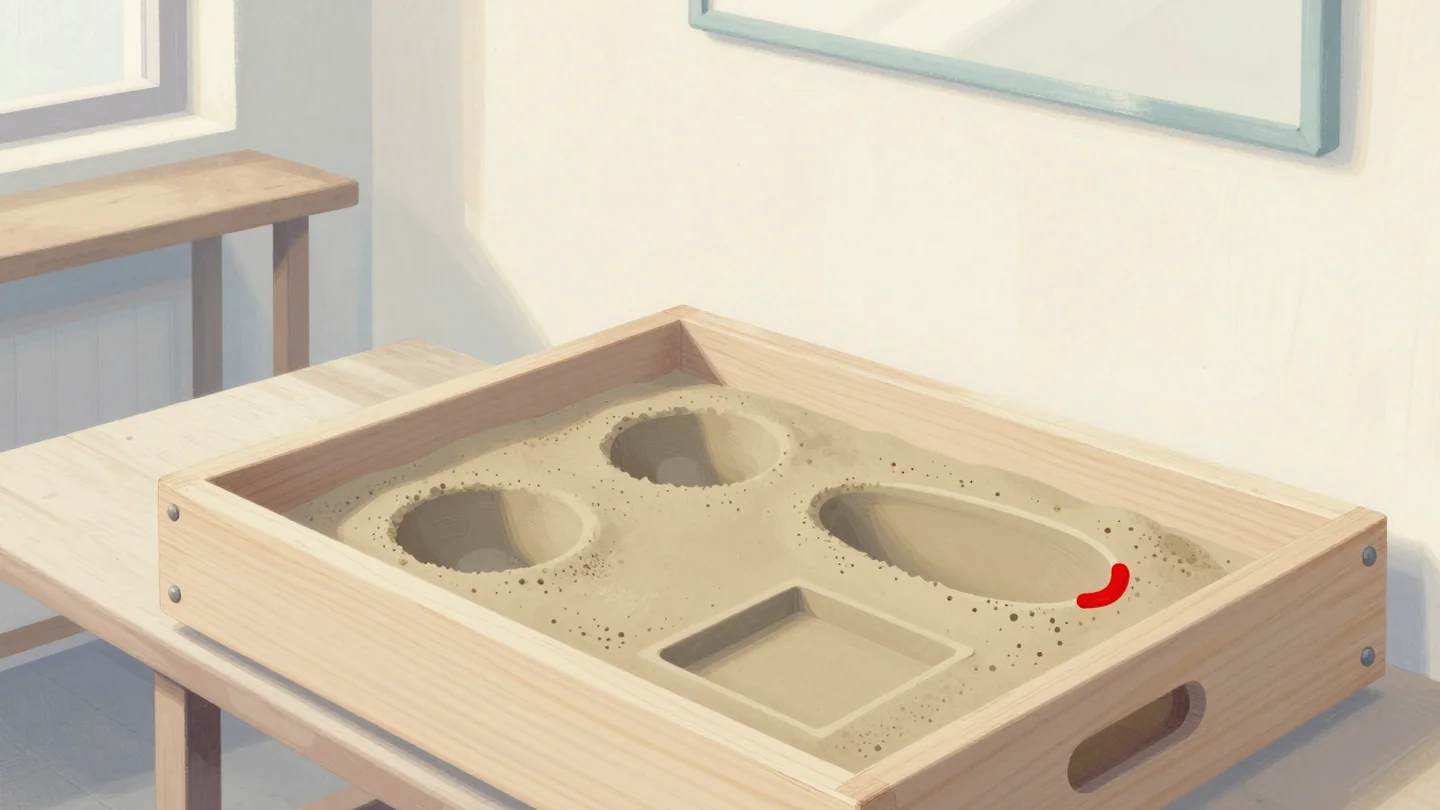 Gouache painting: in a foundry workshop, an open wooden casting flask holds pressed sand with three clean, differently shaped impressions: round, long oval and square