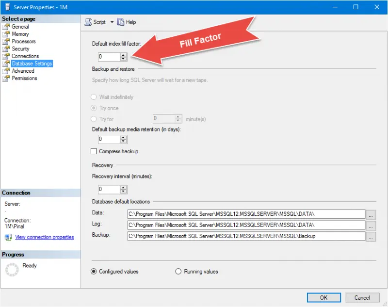 SSMS Server Properties Database Settings page with Default index fill factor highlighted