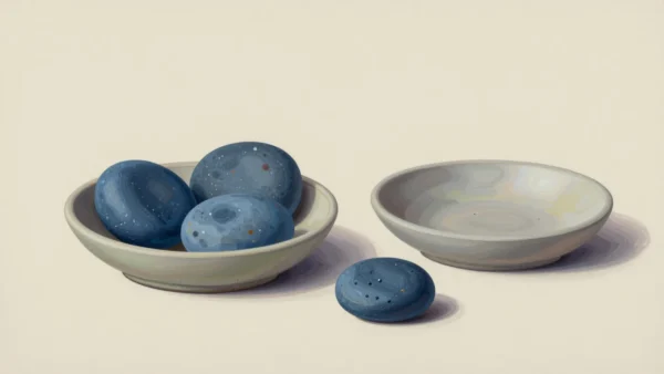 Three blue stones in a pale shallow bowl, an empty bowl and one separate blue stone.