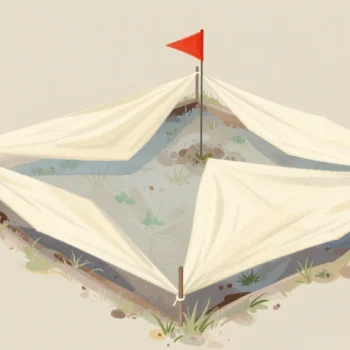 Gouache painting: seen from above, a square vegetable bed has a triangular notch of bare grass cut into one side