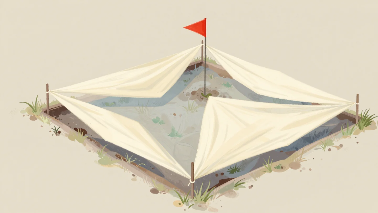 Gouache painting: seen from above, a square vegetable bed has a triangular notch of bare grass cut into one side